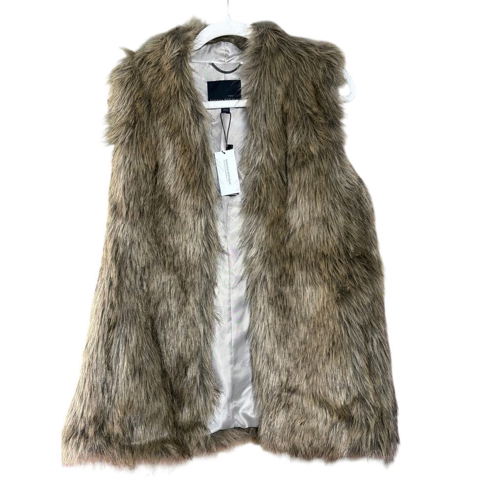 0197 Banana Republic Faux Fur Vest XS Brown Shaggy Open Front NWT